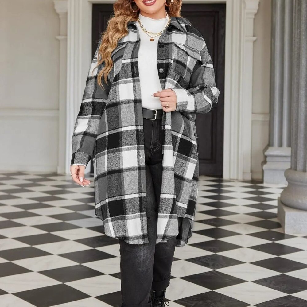 Womens Plus Size‎ Flannel Plaid Shirts Lounge Lapel Button Down Tartan Coats - Picture 4 of 4